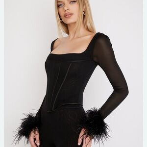 House of CB Black Sheer Feather Trim Top
